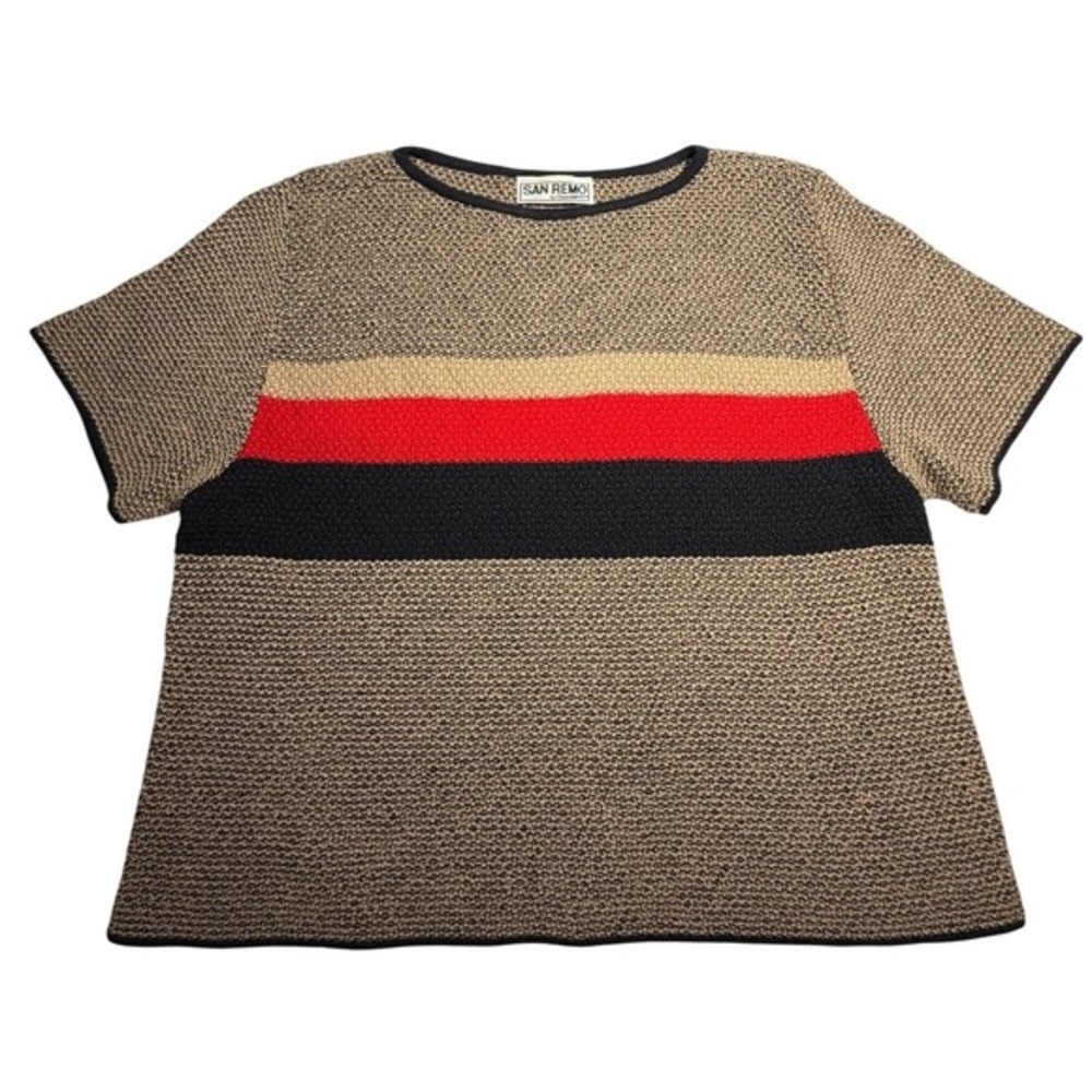 Vintage San Remo by Laura Knits Tan Black Red Striped Short Sleeve Sweater Large